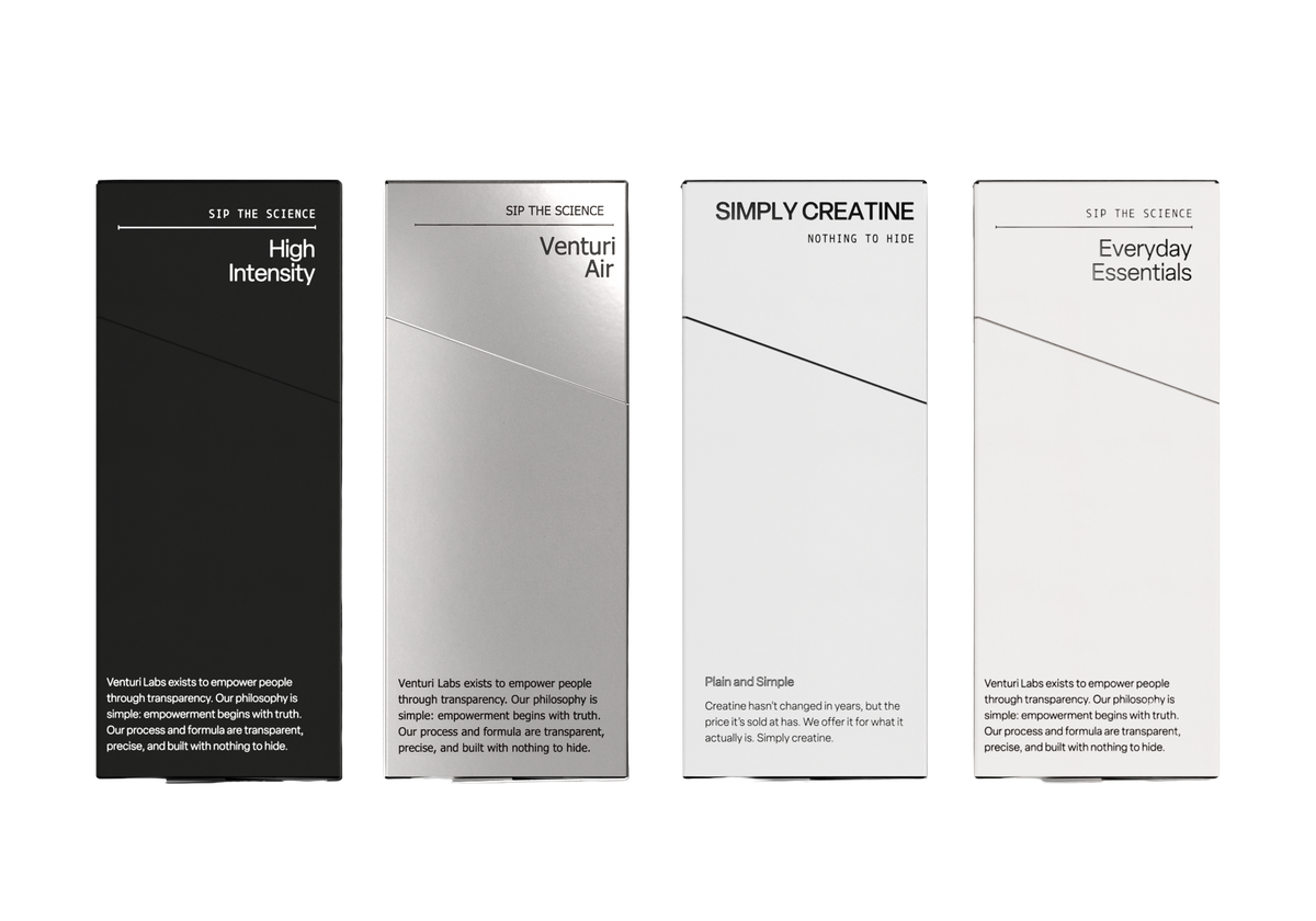 Venturi System 001: High Intensity, Venturi Air, Simply Creatine and Everyday Essentials boxes on a transparent background