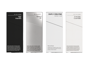 Venturi System 001: High Intensity, Venturi Air, Simply Creatine and Everyday Essentials boxes on a transparent background