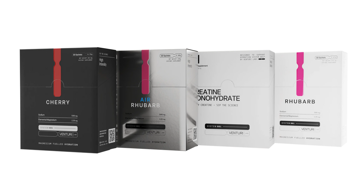 The four SYSTEM 001 boxes angled in a row: Cherry, Air, creatine and Rhubarb