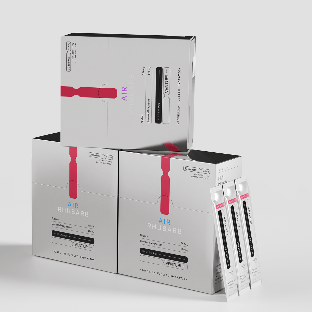 Three Venturi Air boxes stacked, with three sachets alongside
