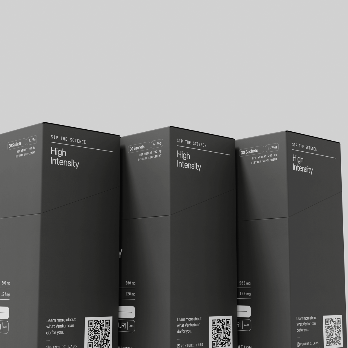 Three High Intensity boxes standing in a row, side panels showing