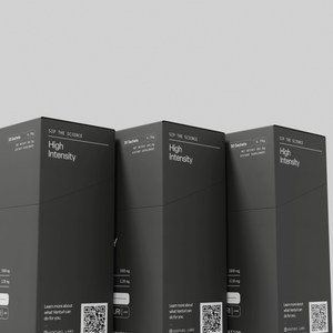 Three High Intensity boxes standing in a row, side panels showing