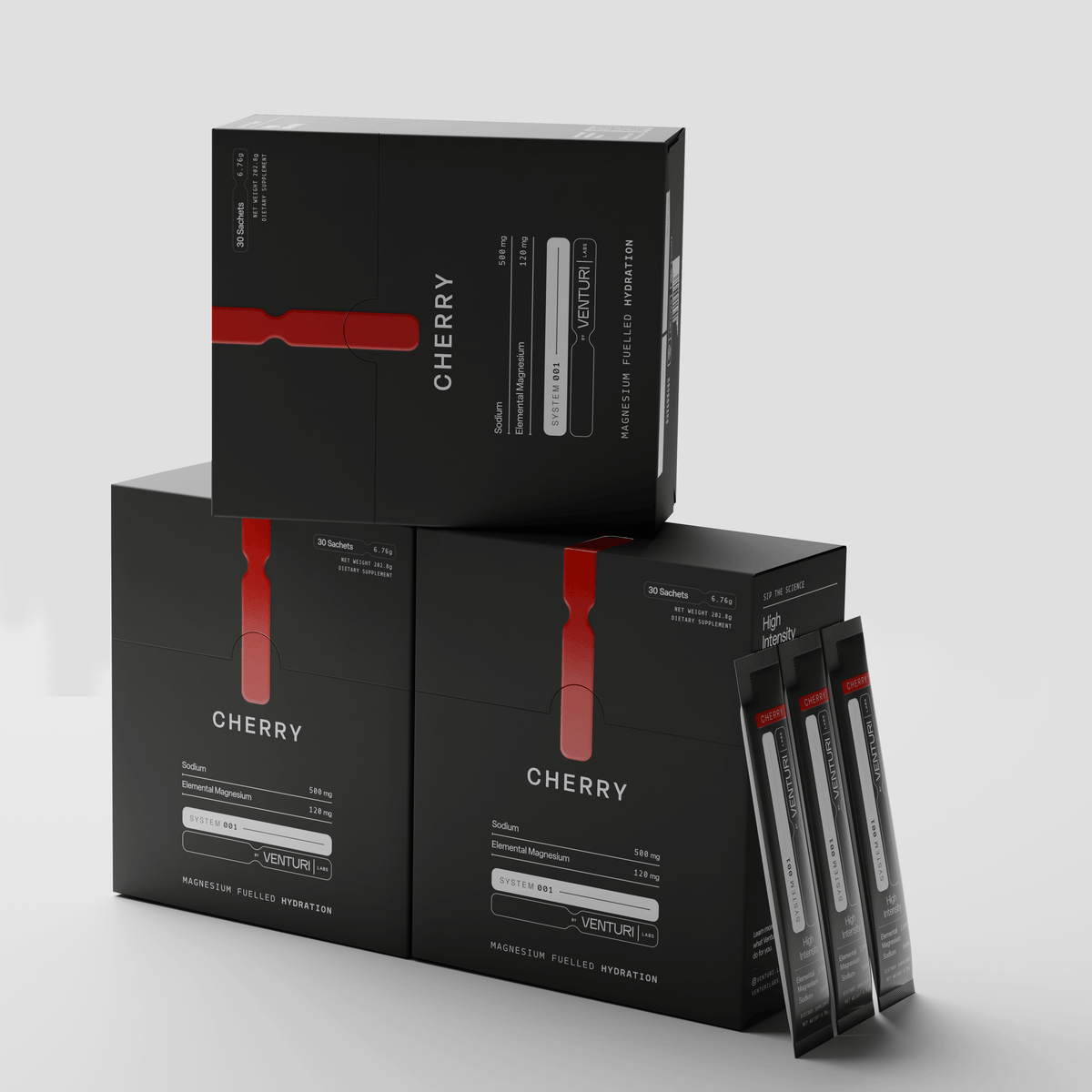 Three High Intensity Cherry boxes stacked, with three sachets alongside