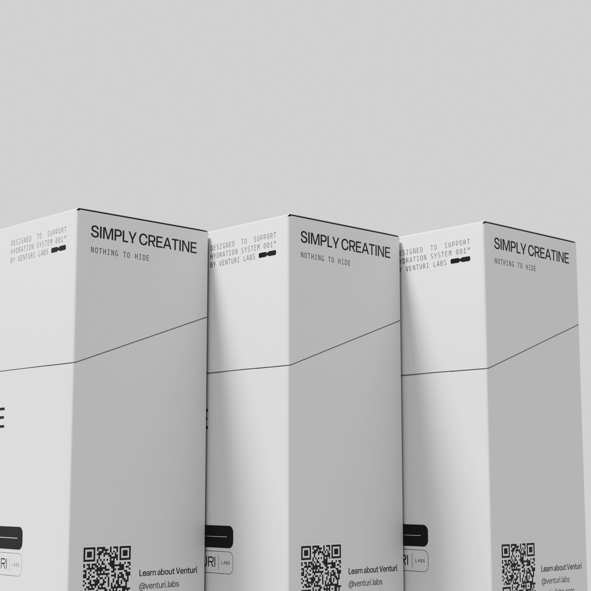 Three Simply Creatine boxes standing in a row, side panels showing