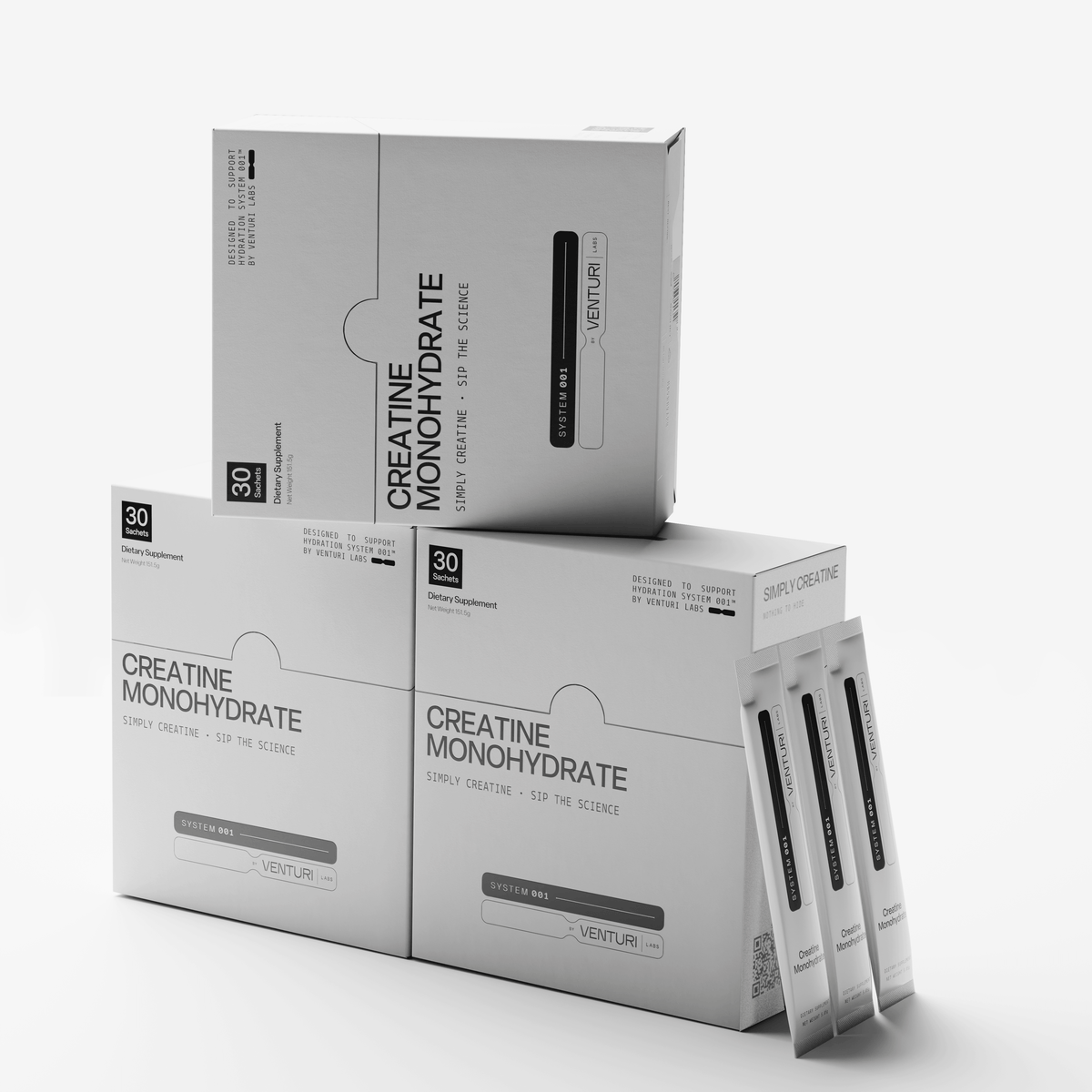 Three Simply Creatine boxes stacked, with three sachets alongside