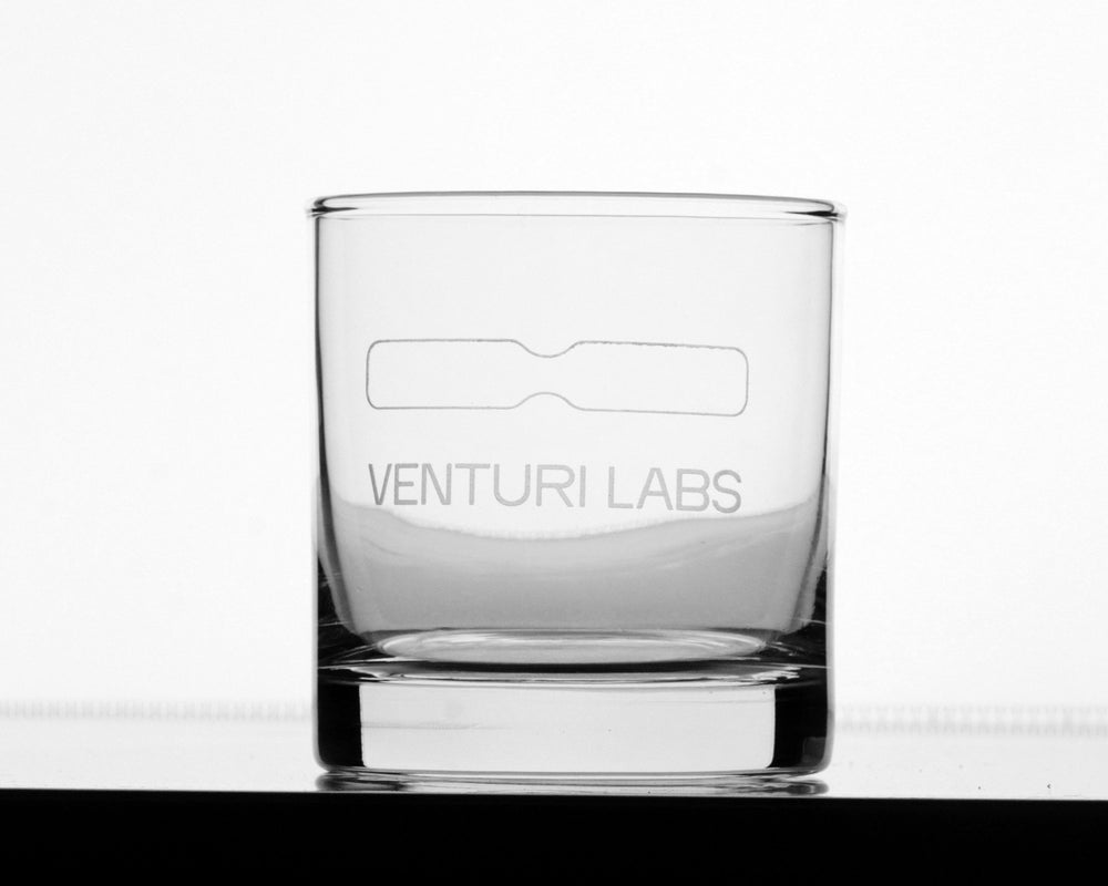 Glass tumbler printed with the Venturi Labs logo
