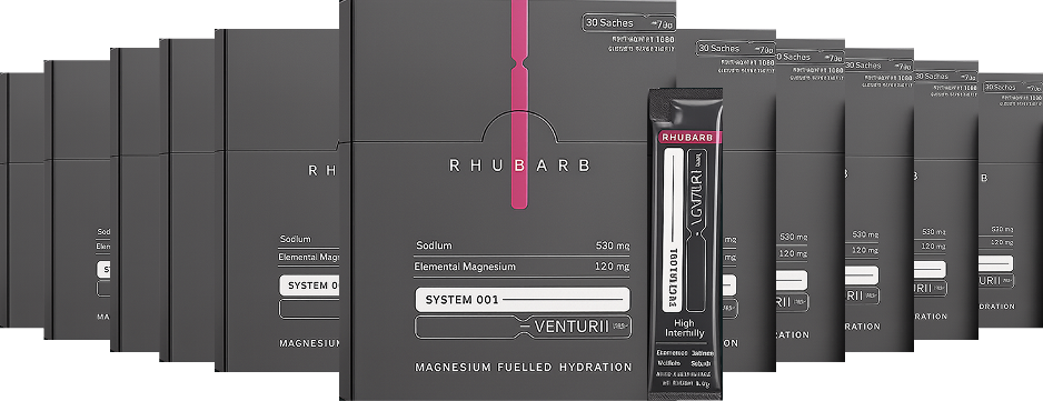 A row of Venturi boxes with a Rhubarb box and a single sachet at the centre