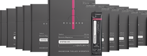 A row of Venturi boxes with a Rhubarb box and a single sachet at the centre